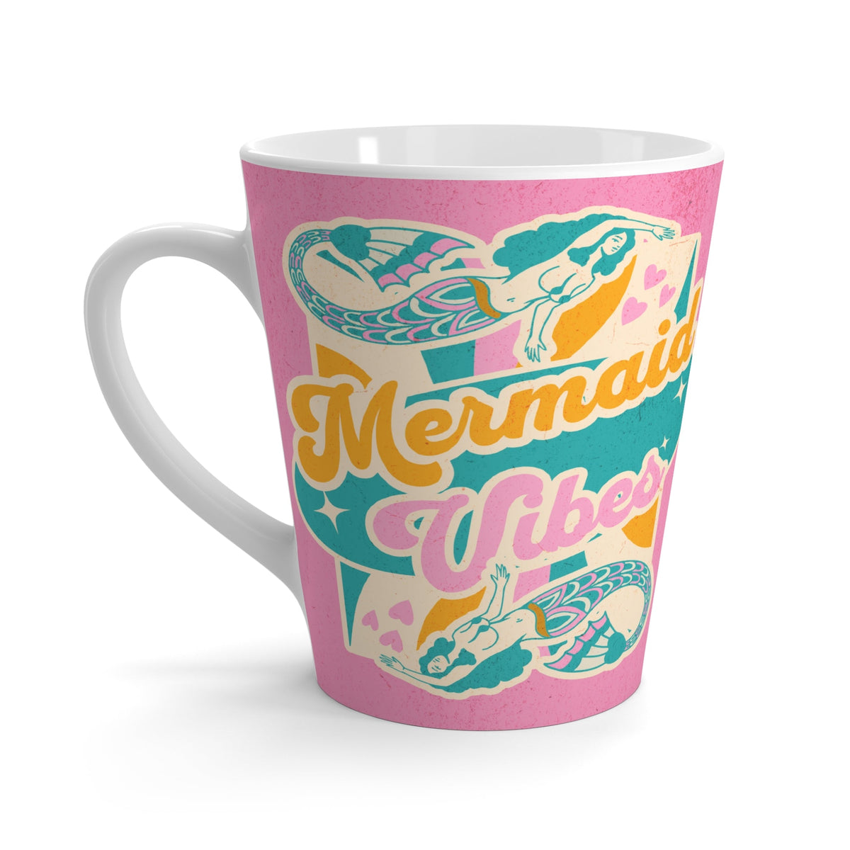 Mermaid Vibes Latte Mug – Retro 70s Pink Mermaid Design with Gold Script | 12oz White Ceramic | Groovy Ocean Coffee Gift