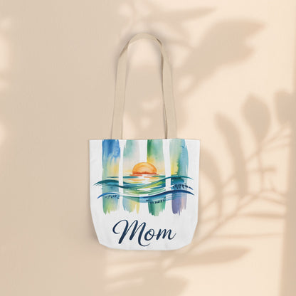 Mom Ocean Sunset Canvas Tote Bag – Watercolour Triptych Design | Polyester Canvas | 3 Sizes × 5 Strap Colours | Gift for Mom