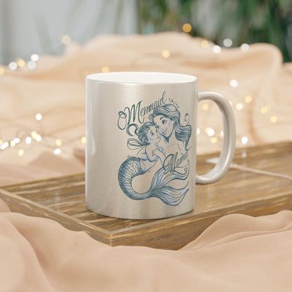 Mermaid Mama Metallic Mug – Fine Line Mermaid Mama & Baby Illustration | 11oz | Gold or Silver Metallic Finish | Mother’s Day Gift for Mermaid Mom