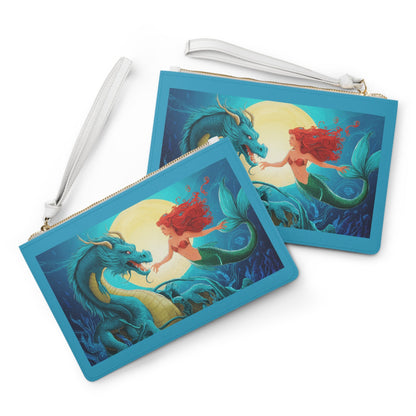 Mermaid and Her Dragon Clutch Bag - Red-Haired Mermaid Reaching for Her Sea Dragon Under a Full Moon, Fantasy Ocean Wristlet in Saffiano PU Leather
