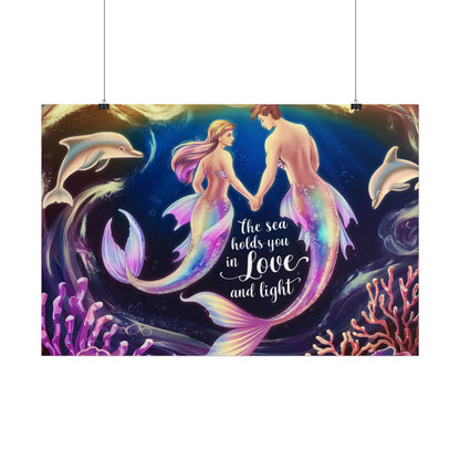 Mermaid Lovers Rolled Poster – The Sea Holds You in Love and Light | Giclée Print | Fine Art, Semi Glossy or Matte | 19 Sizes | Mermaid Couple Wall Art
