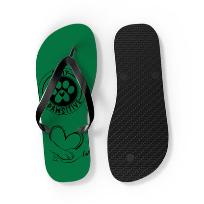 Green flip-flops with paw-print footbeds and black textured outsole
