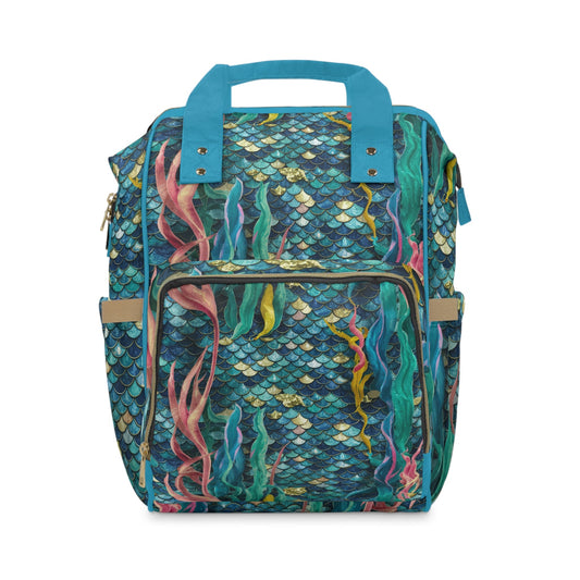 Deep Sea Mermaid Scale Diaper Backpack – Iridescent Teal & Gold Scales with Flowing Seaweed | Insulated Bottle Pockets | Large Capacity Nappy Bag | Baby Shower Gift