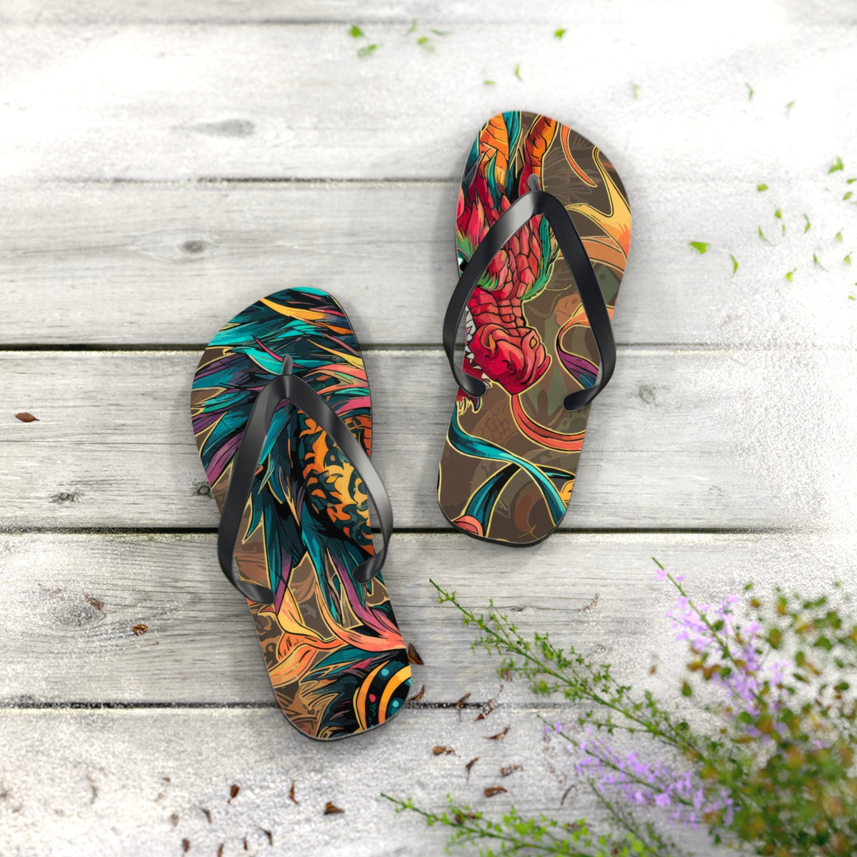 Two multicolor dragon flip-flops with black thong straps
