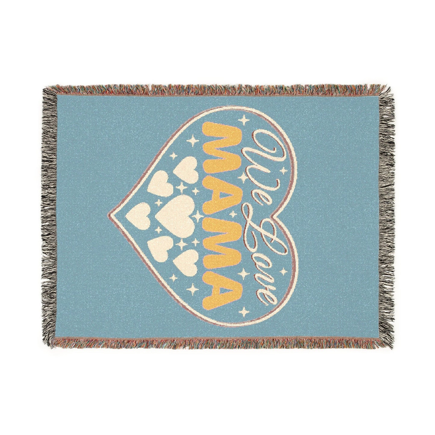 We Love Mama Woven Cotton Blanket – Retro Boho Heart Design | 100% Cotton with Fringed Edges | 3 Sizes | Mother’s Day Gift for Mama