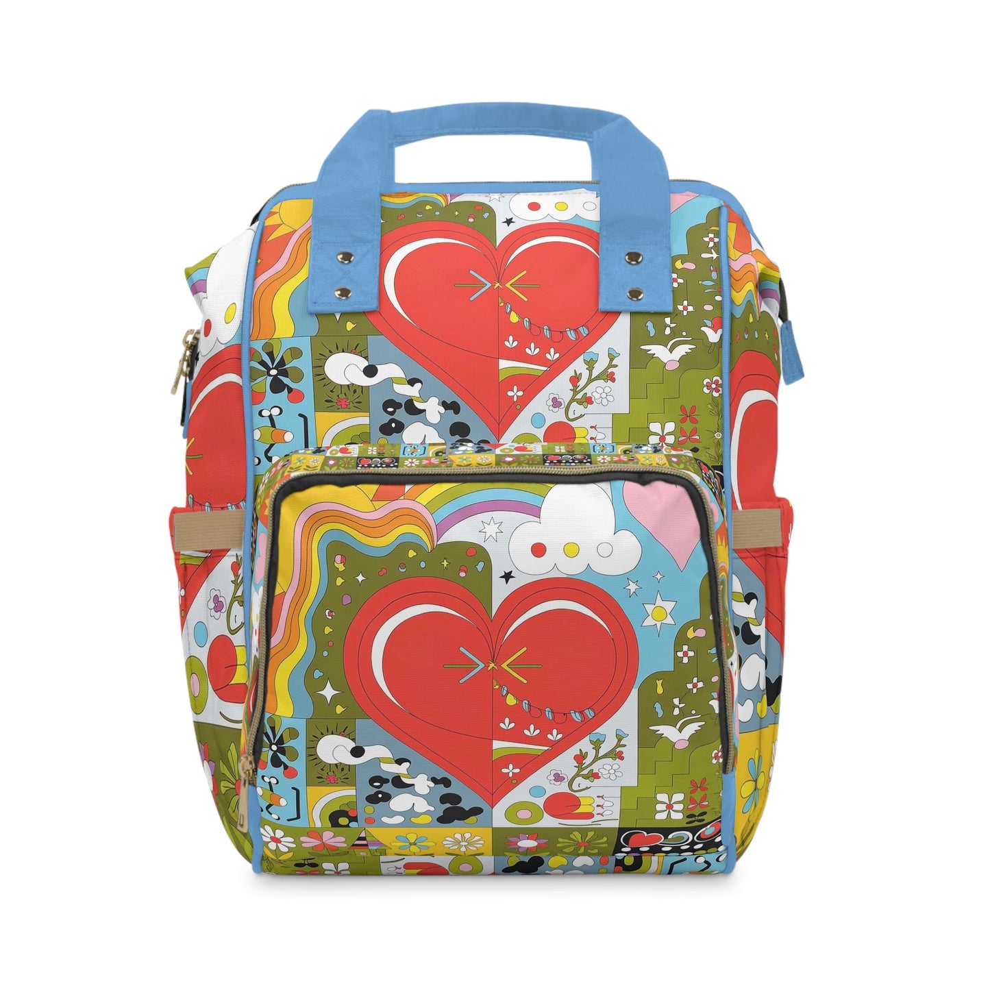 Heart Quilt Diaper Backpack - Retro 70s Patchwork Baby Bag with Hearts and Rainbows, Padded Nylon Baby Shower Gift