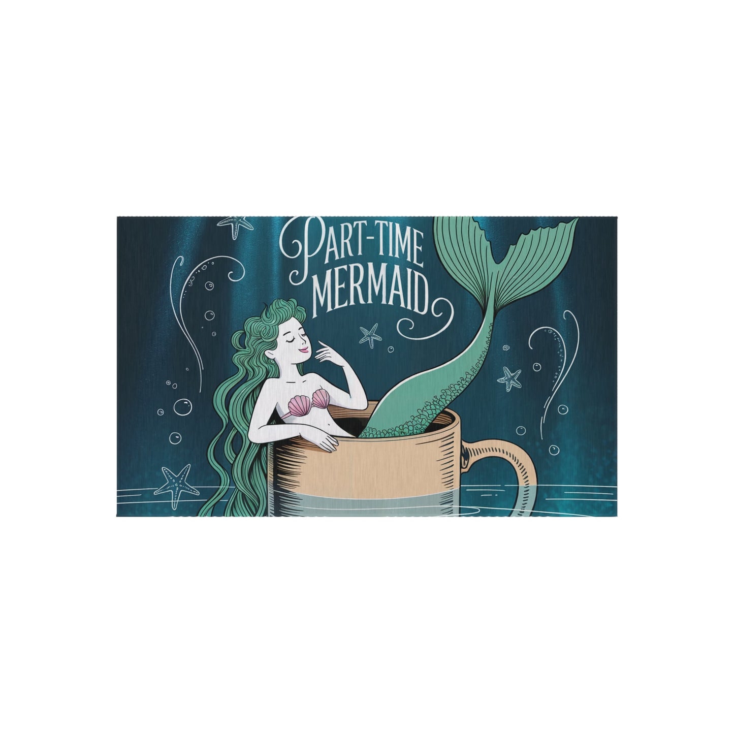 Part-Time Mermaid Outdoor Rug – Whimsical Mermaid in a Coffee Cup Chalk Art | Non-Slip UV-Resistant | 4 Sizes | Beach House Patio Coastal Decor