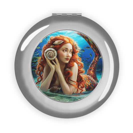 Mermaid Shell Compact Mirror – Red-Haired Mermaid Listening to the Sea | Silver Metal Glossy | Dual Glass Mirrors | Purse Travel Makeup Mirror Gift