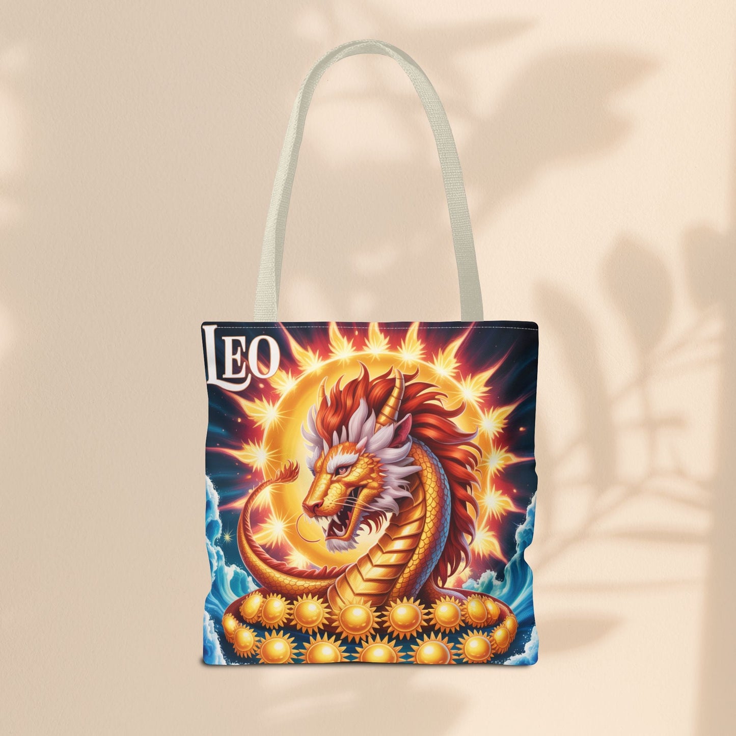 Leo Zodiac Tote Bag – Golden Dragon Sun Celestial Art | 3 Sizes | 5 Handle Colours | Leo Birthday Gift & Astrology Bag