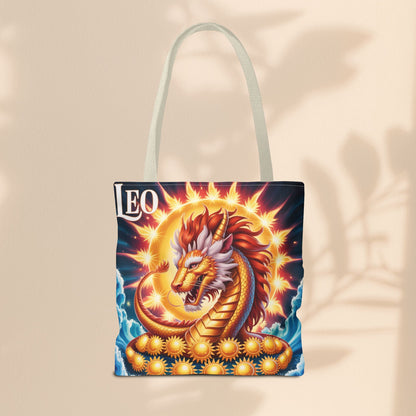 Leo Zodiac Tote Bag – Golden Dragon Sun Celestial Art | 3 Sizes | 5 Handle Colours | Leo Birthday Gift & Astrology Bag