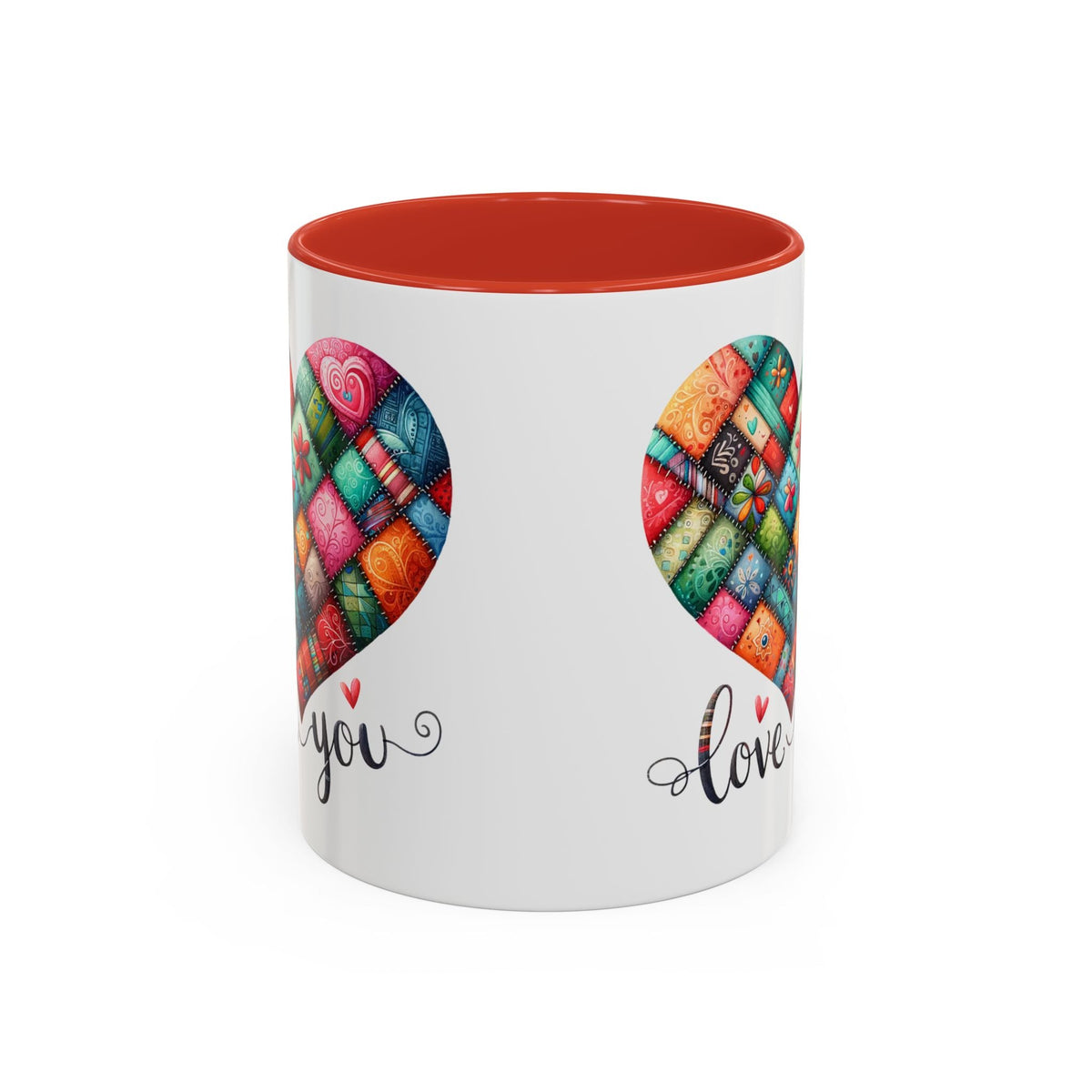 White coffee mug with colorful quilt heart print, you and love text, red rim.