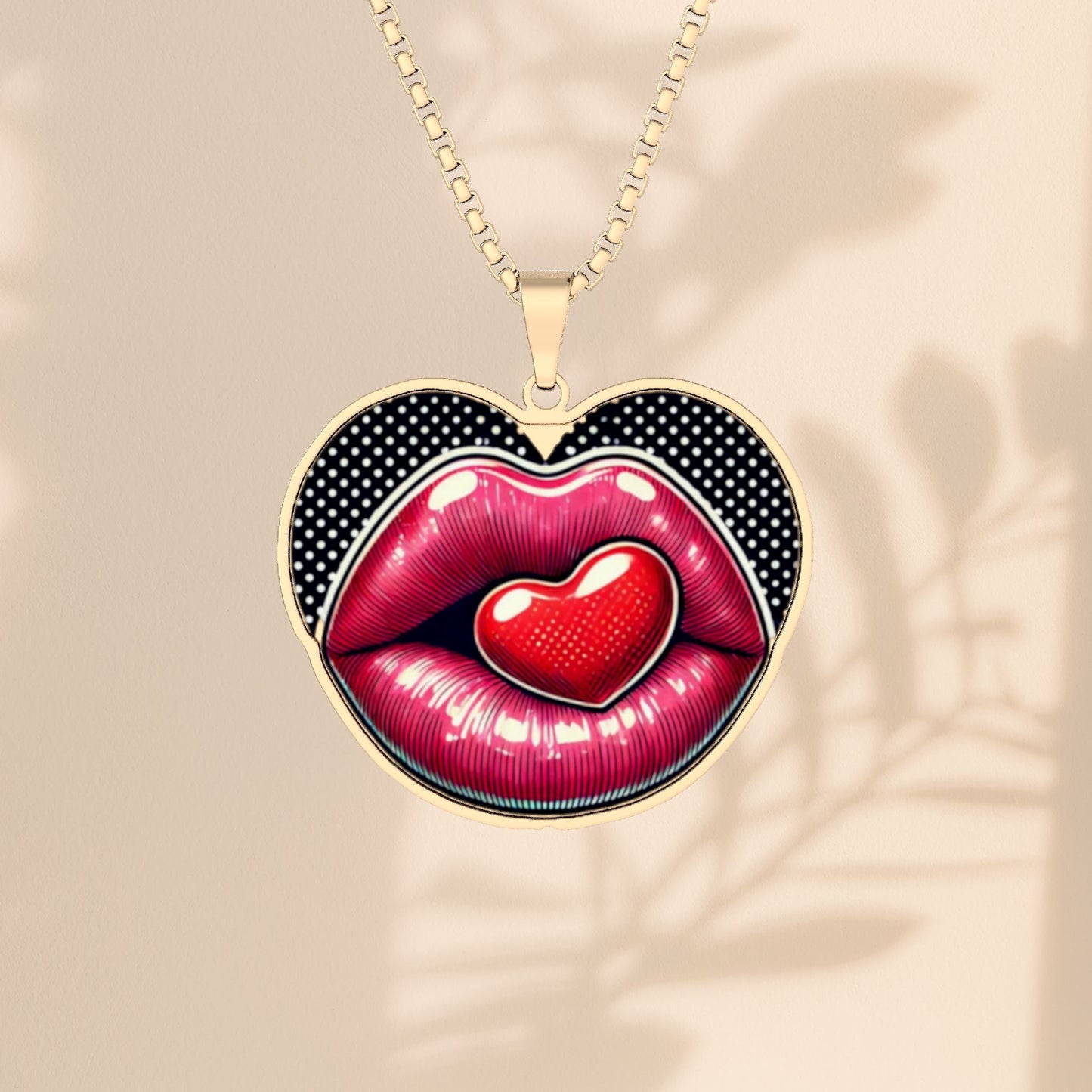 Heart Lips Pendant Necklace - Engraved Heart and Lips Charm in Stainless Steel, Gold Plated, or Sterling Silver, Love Jewelry Gift