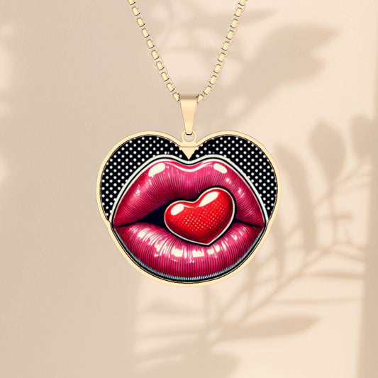 Heart Lips Pendant Necklace - Engraved Heart and Lips Charm in Stainless Steel, Gold Plated, or Sterling Silver, Love Jewelry Gift