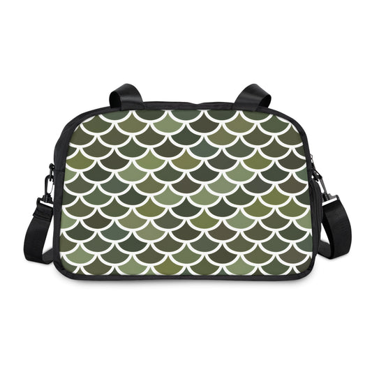 Black fitness duffel handbag with green-and-white scallop pattern and zipper closure