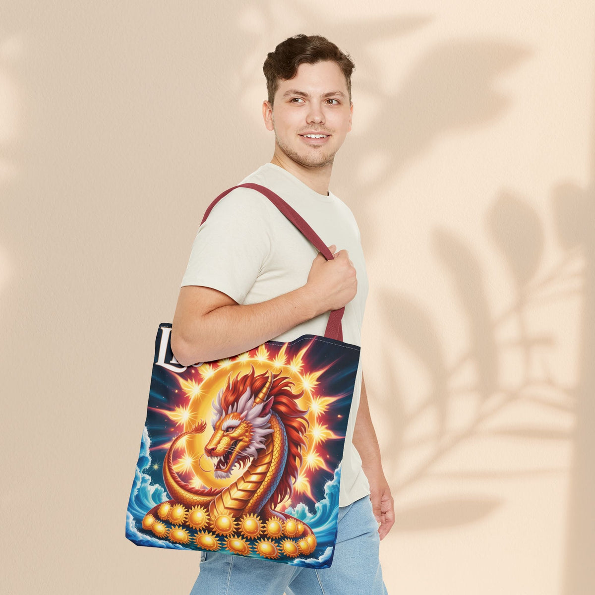 Leo Zodiac Tote Bag – Golden Dragon Sun Celestial Art | 3 Sizes | 5 Handle Colours | Leo Birthday Gift & Astrology Bag
