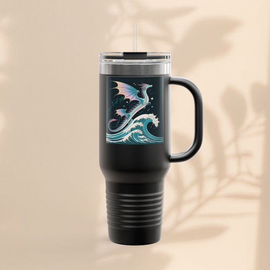 Navy blue insulated travel mug with handle, clear lid, straw; teal fantasy graphic on front