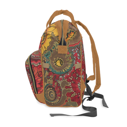 Boho Sunflower & Paisley Diaper Backpack – Warm Earth Tones Psychedelic Print | Cognac Handles | Large Capacity Nappy Bag | Bohemian Baby Shower Gift