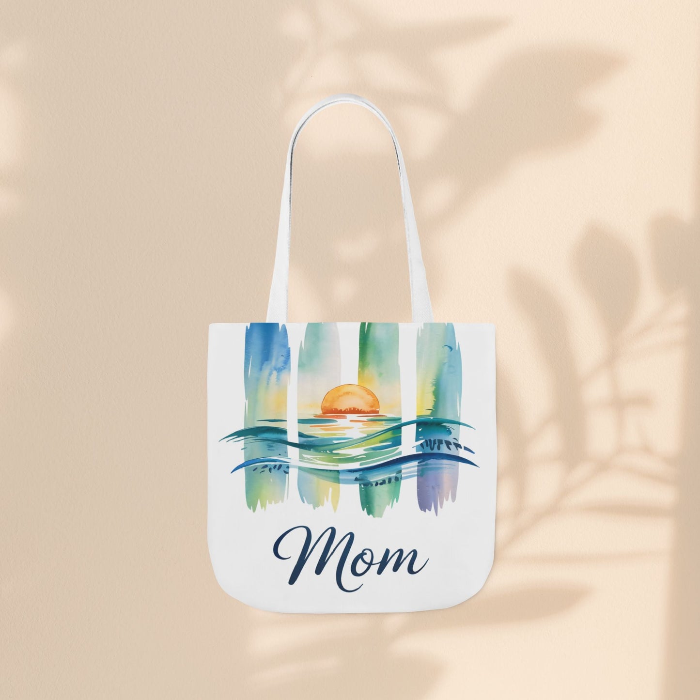 Mom Ocean Sunset Canvas Tote Bag – Watercolour Triptych Design | Polyester Canvas | 3 Sizes × 5 Strap Colours | Gift for Mom