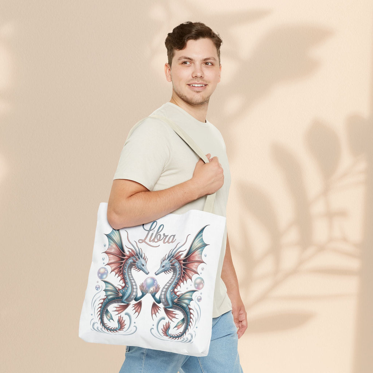 Libra Zodiac Tote Bag with Dragon Art - Libra Birthday Gift for Astrology Lovers, 3 Sizes, 5 Handle Colours