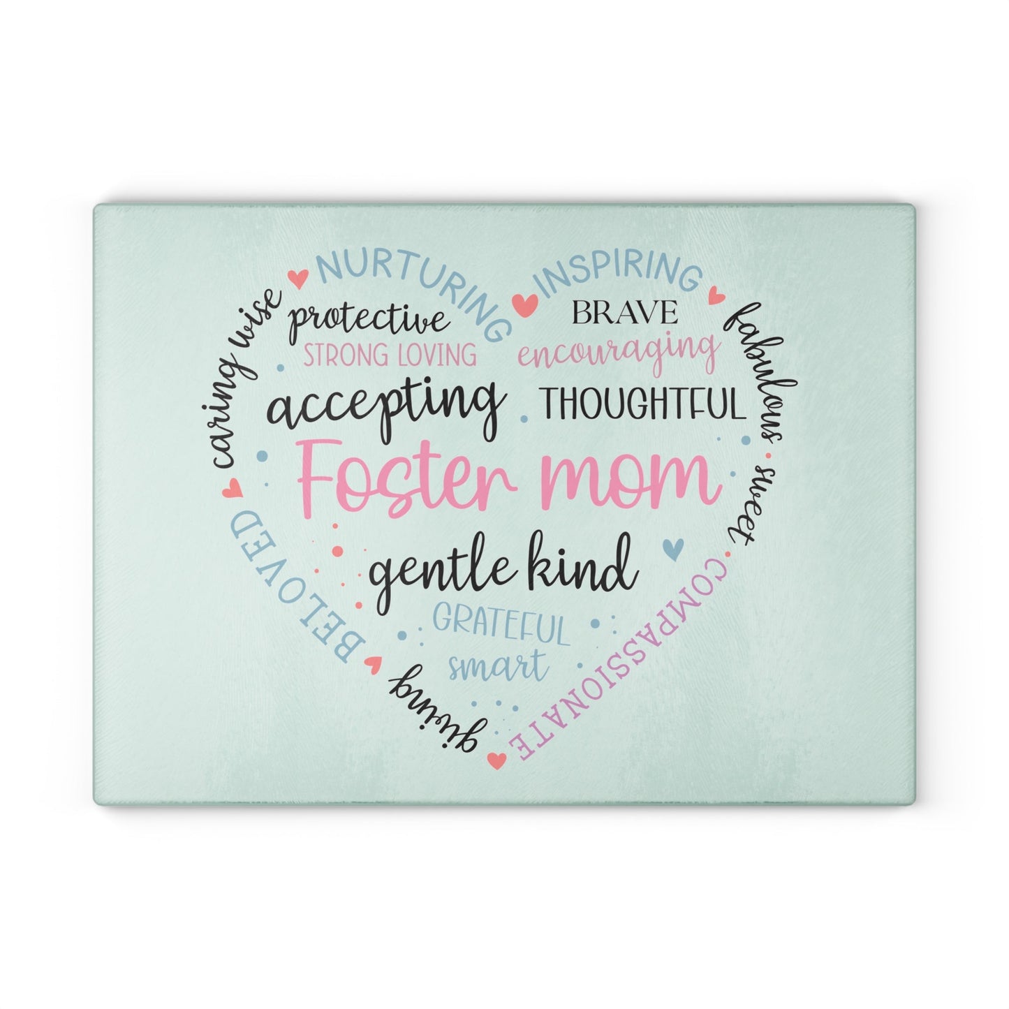 Foster Mom Glass Cutting Board – Heart Word Cloud Design | Tempered Glass | 2 Sizes | Meaningful Gift for Foster Mom