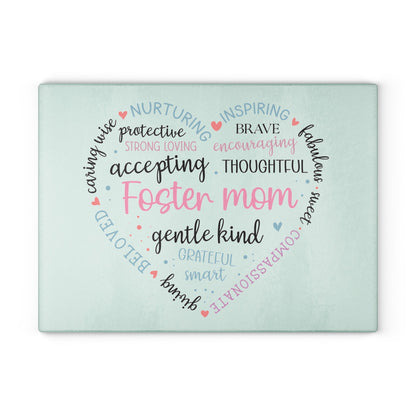 Foster Mom Glass Cutting Board – Heart Word Cloud Design | Tempered Glass | 2 Sizes | Meaningful Gift for Foster Mom