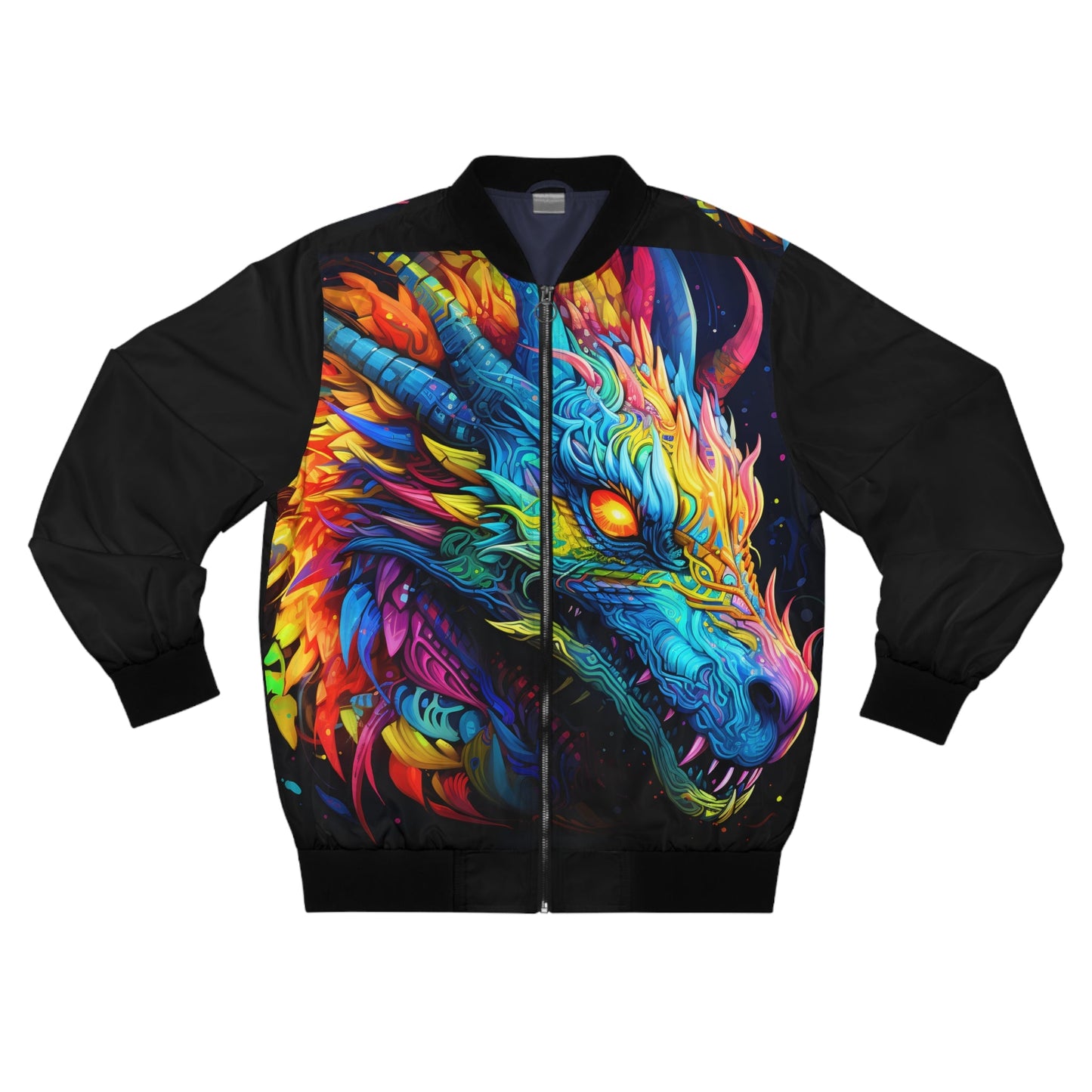 Neon Dragon Bomber Jacket - Psychedelic Multicolor Dragon on Black, Fantasy Festival Streetwear for Men and Women XS to 5XL
