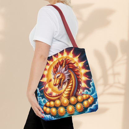 Leo Zodiac Tote Bag – Golden Dragon Sun Celestial Art | 3 Sizes | 5 Handle Colours | Leo Birthday Gift & Astrology Bag