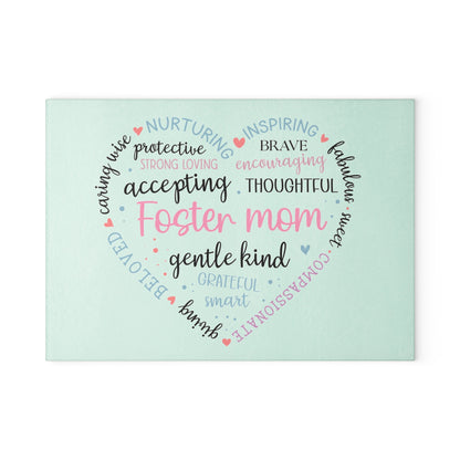 Foster Mom Glass Cutting Board – Heart Word Cloud Design | Tempered Glass | 2 Sizes | Meaningful Gift for Foster Mom