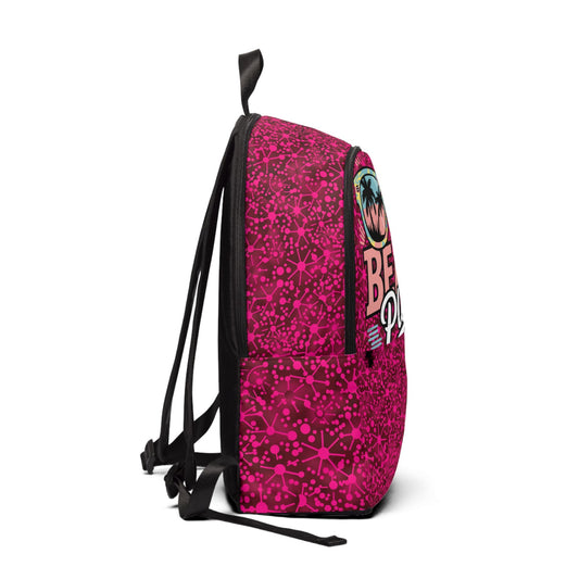 Magenta fabric backpack with beach print, side view, black straps and trim