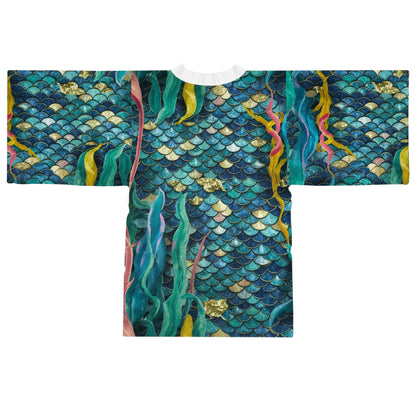 Mermaid Scale Party Kimono – Stained Glass Teal & Gold Mosaic Scale Print | XS–2XL | Black or White Trim | Festival Beach Wedding Coastal Cover-Up