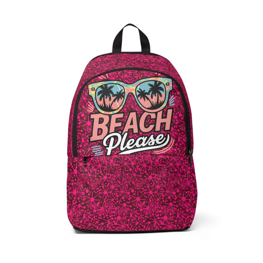 Magenta fabric backpack with beach-themed “Beach Please” graphic and black trim