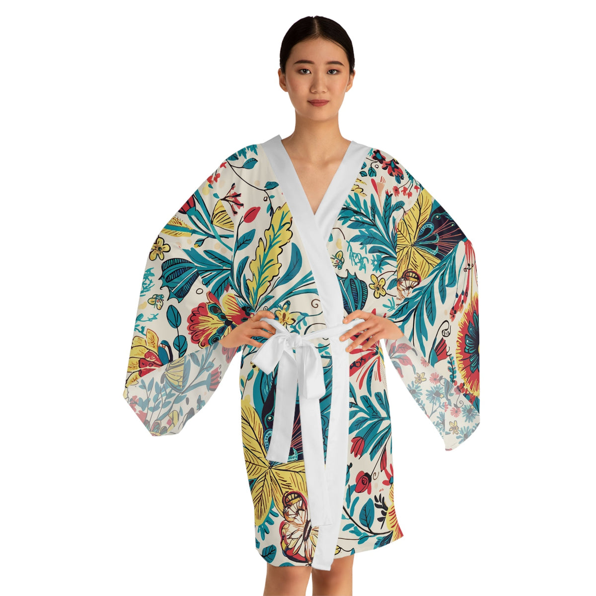 Florida Floral Kimono Robe - Long Sleeve Tropical Flower Wrap with Flowing Bell Sleeves for Lounging, Beach Cover-Ups, and Resort Wear XS to 2XL