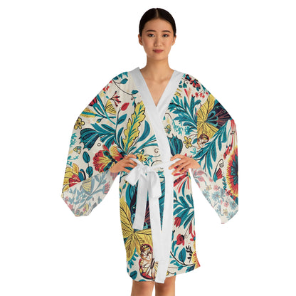 Florida Floral Kimono Robe - Long Sleeve Tropical Flower Wrap with Flowing Bell Sleeves for Lounging, Beach Cover-Ups, and Resort Wear XS to 2XL