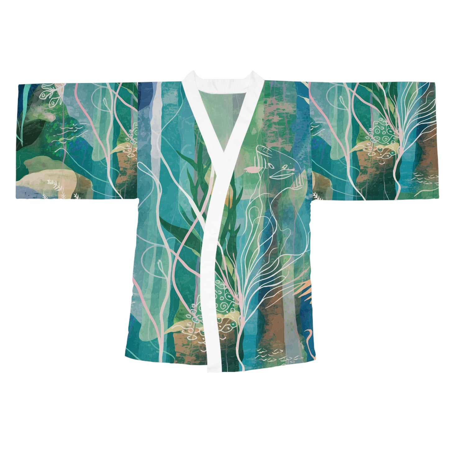 Ocean Seaweed Kimono Robe - Long Sleeve Coastal Wrap with Flowing Fit for Beach Cover-Ups, Lounging, and Resort Wear XS to 2XL