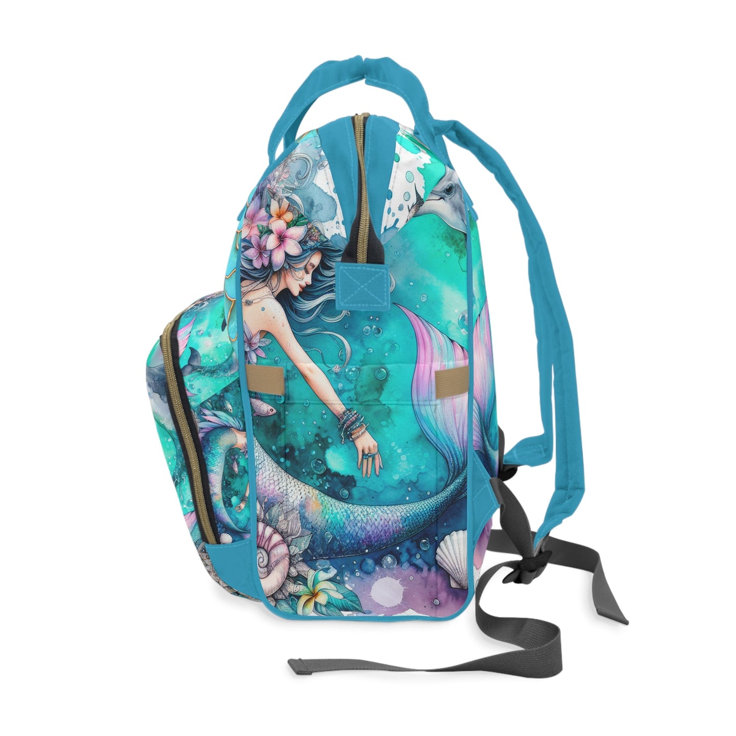 Mermaid & Dolphin Watercolour Art Diaper Backpack – Gold Scale Detail & Floral Mermaid Scene | Insulated Pockets | Large Capacity Nappy Bag | Baby Shower Gift
