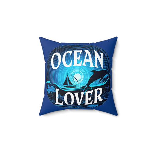 Ocean Lover Throw Pillow – Dolphins, Sailboat & Moonlit Sea Art | Deep Blue Faux Suede | Double-Sided Print | 4 Sizes | Coastal Home Decor Gift
