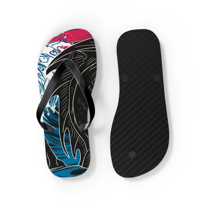 Flip flops with one textured black sole facing up and dragon print footbeds.