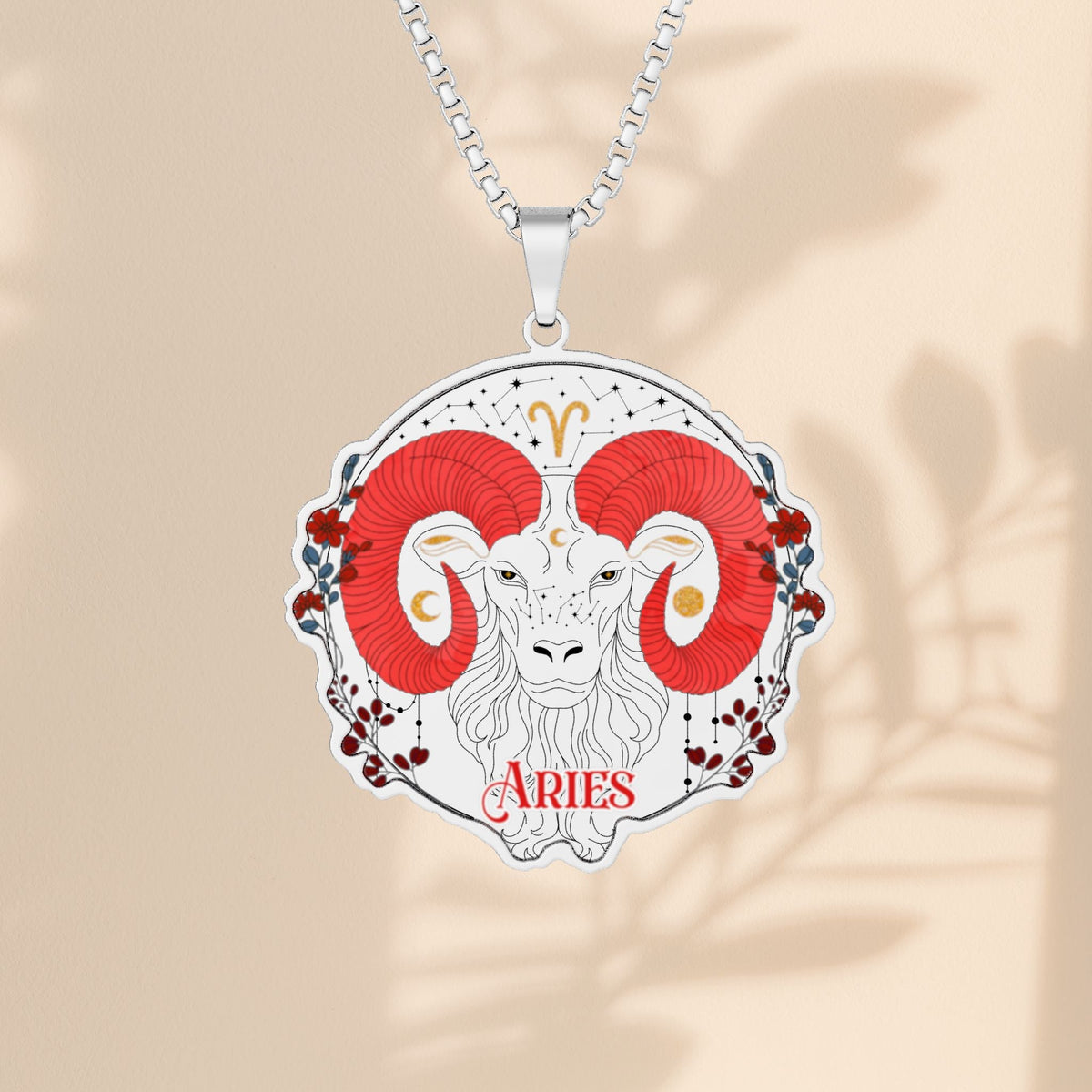 Aries Ram Zodiac Necklace - Celestial Aries Pendant with Red Horns, Constellation, and Floral Border in Stainless Steel, Gold, or Silver
