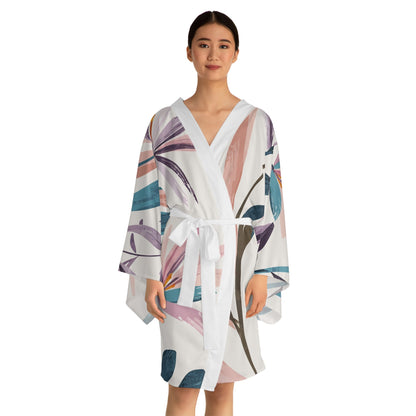 Breeze Kimono - Belted Botanical Print Wrap Robe with Wide Angel Sleeves in Abstract Painterly Leaf Design, Boho Beach Cover-Up XS to 2XL