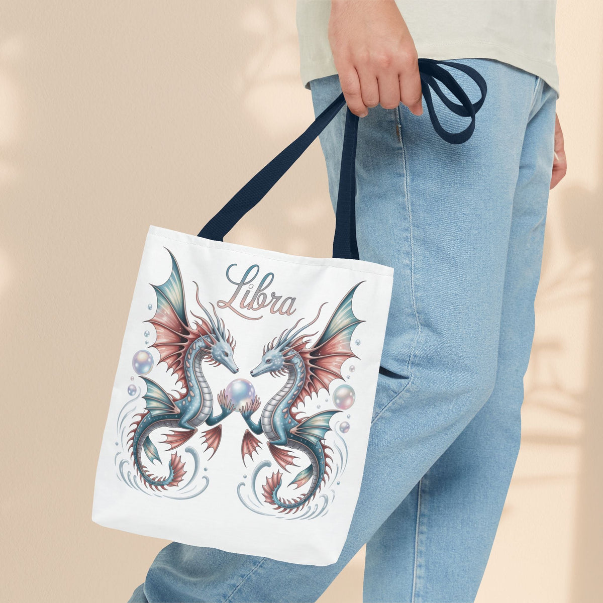 Libra Zodiac Tote Bag with Dragon Art - Libra Birthday Gift for Astrology Lovers, 3 Sizes, 5 Handle Colours