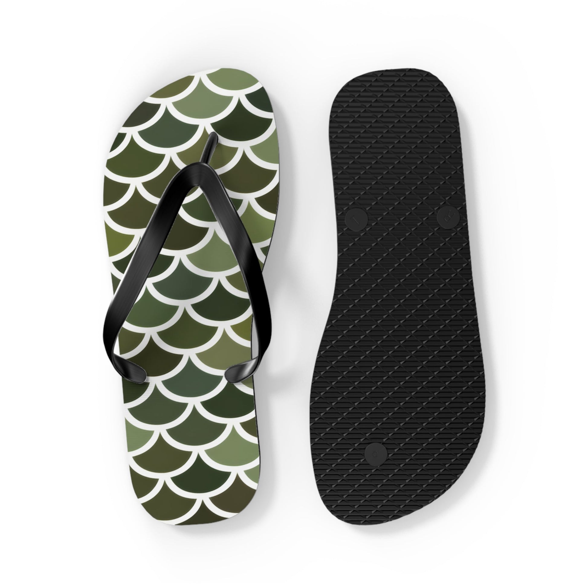 Green scale flip flops with black outsole and textured tread