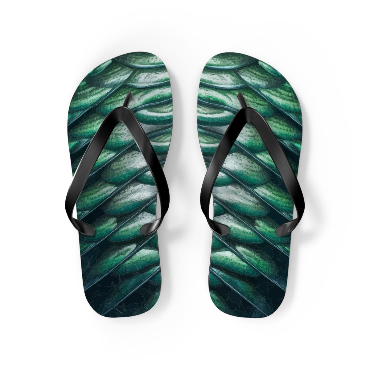 Green merman scales flip flops with black thong straps and curved footbed
