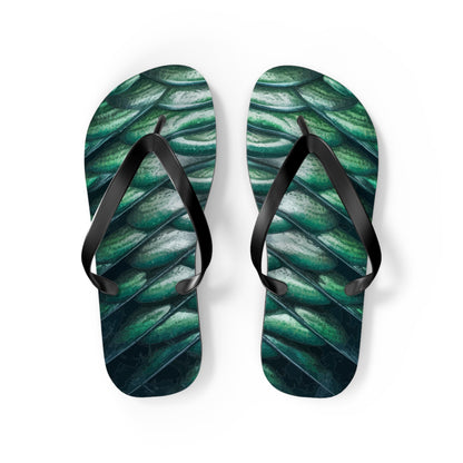Green merman scales flip flops with black thong straps and curved footbed