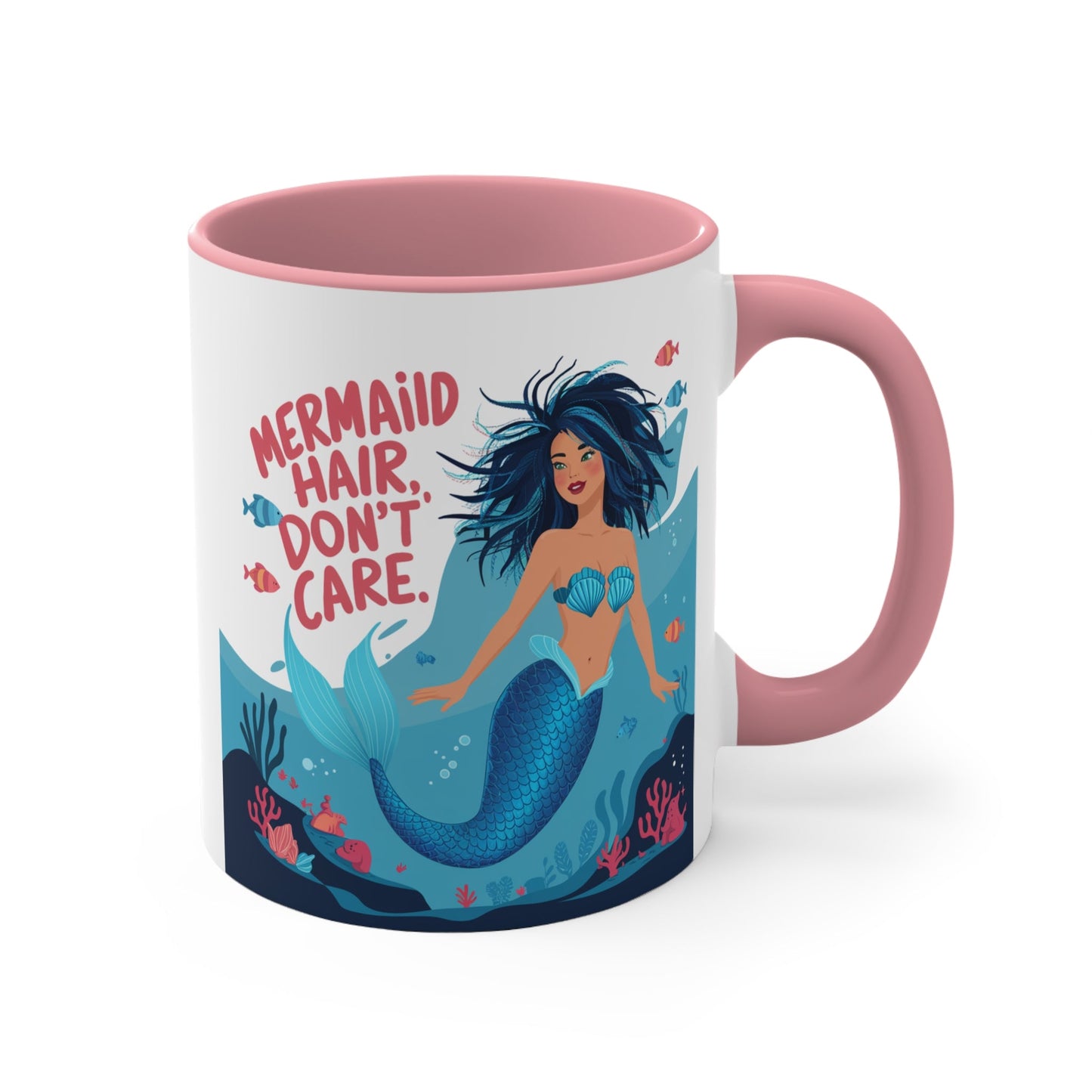 Mermaid Hair Don't Care Accent Mug – Wild Teal Mermaid Underwater Scene | 11oz White Ceramic Blue Green Pink or Red | Ocean Attitude Coffee Gift