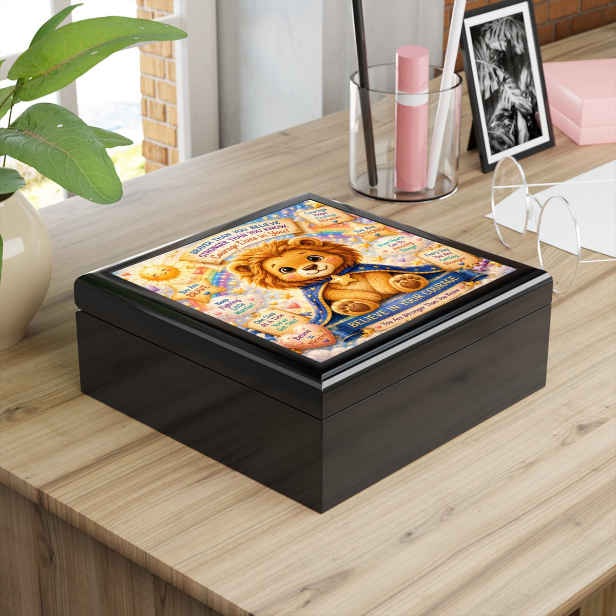 Believe in Your Courage Lion Jewelry Box - Inspirational Lion Cub Keepsake Box, Encouragement Gift for Strength, Healing, and Bravery in Golden Oak or Red Mahogany