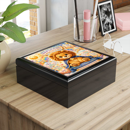 Believe in Your Courage Lion Jewelry Box - Inspirational Lion Cub Keepsake Box, Encouragement Gift for Strength, Healing, and Bravery in Golden Oak or Red Mahogany