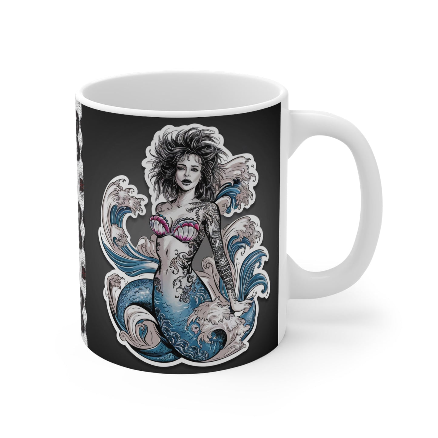 Messy Hair Mermaid Coffee Mug – Gothic Tattoo Art Dark Fantasy Mermaid | 11oz Ceramic | Dishwasher Safe | Mermaid Gift for Her