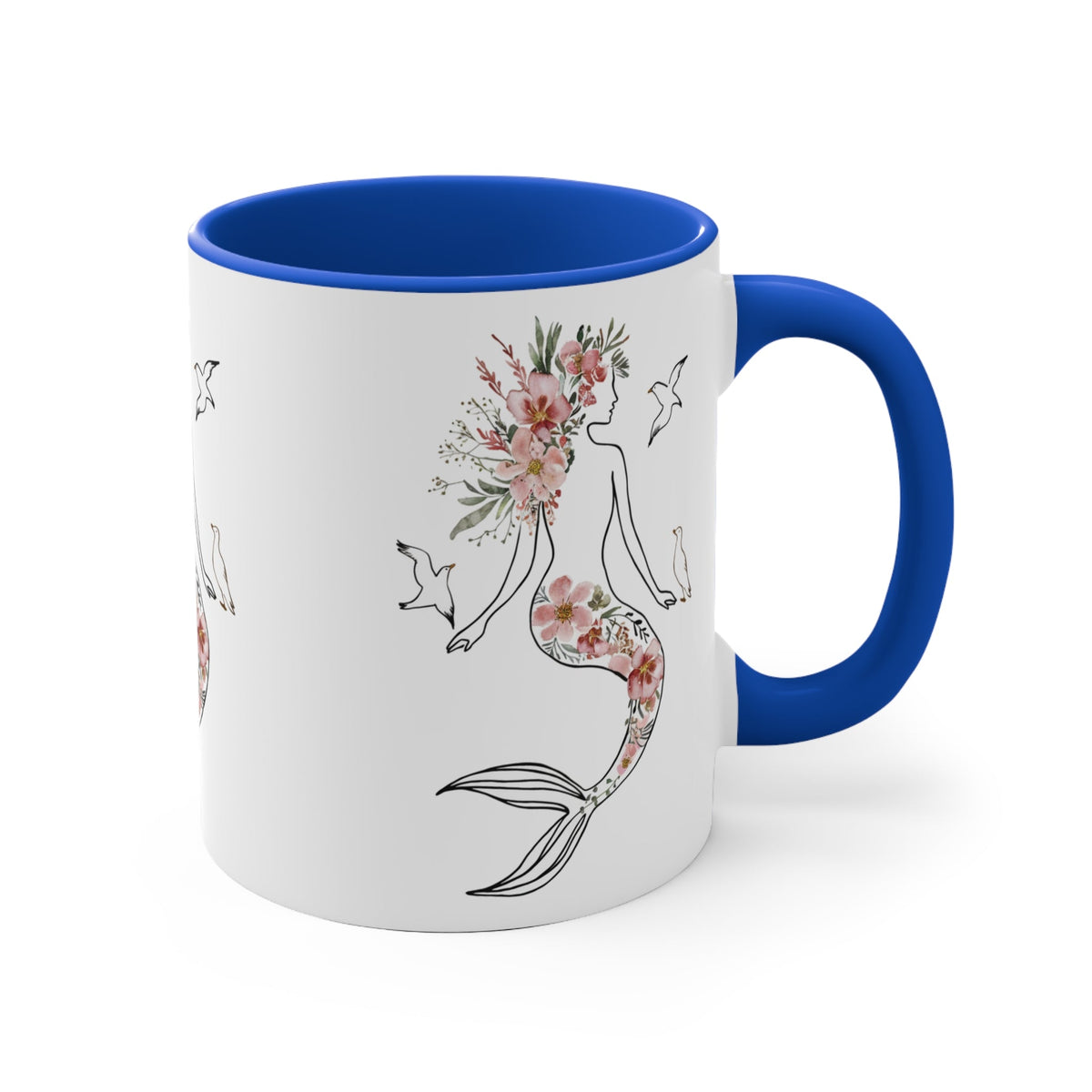 Mermaid Silhouette Botanical Floral Mug – Elegant Line Art Mermaid with Wild Blooms & Seagulls | 11oz Blue Accent Ceramic | Coastal Botanical Ocean Gift