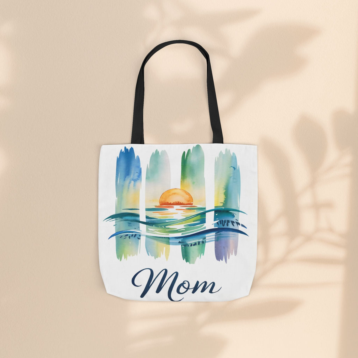 Mom Ocean Sunset Canvas Tote Bag – Watercolour Triptych Design | Polyester Canvas | 3 Sizes × 5 Strap Colours | Gift for Mom