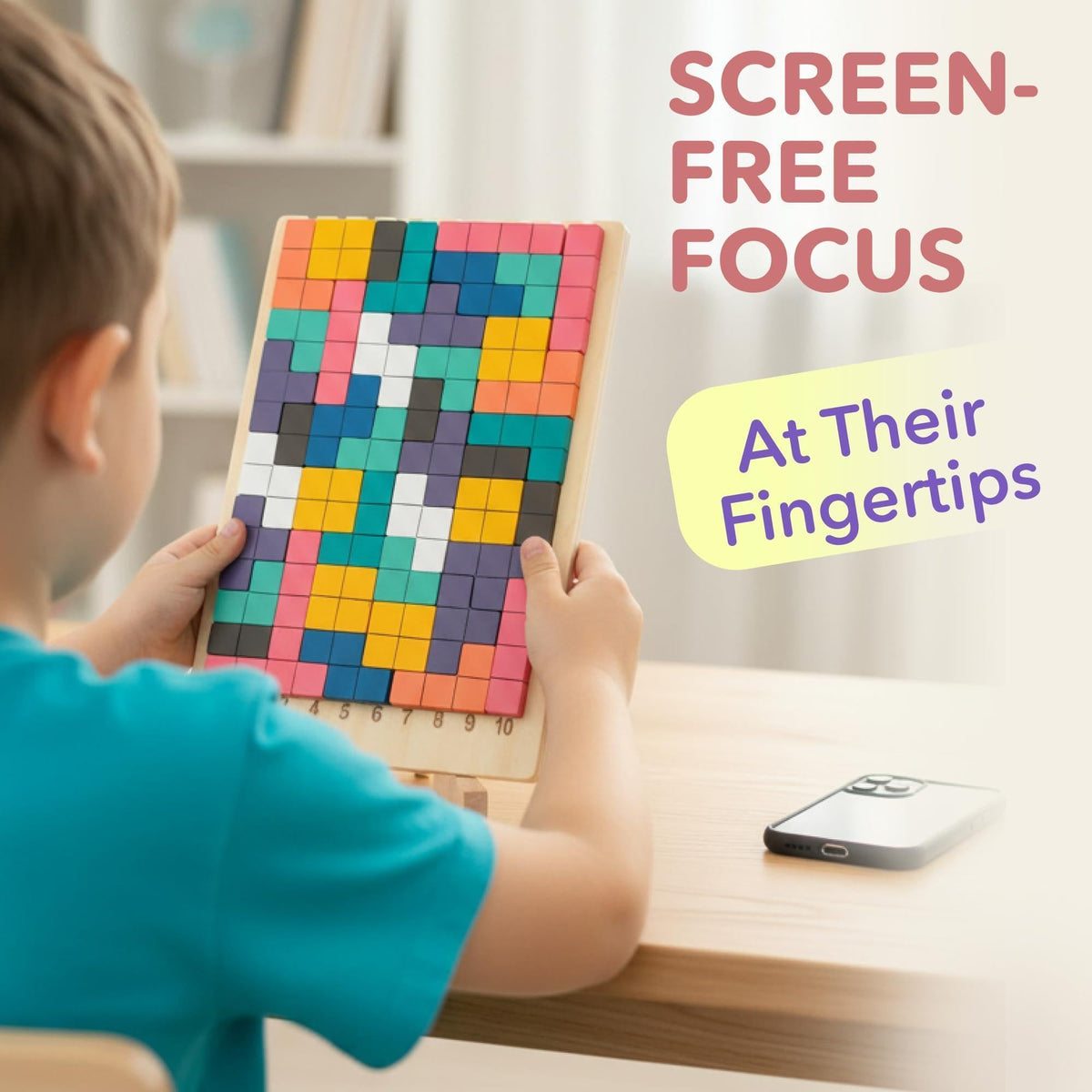 Wooden puzzle block board held by a child with multicolor tiles on stand.